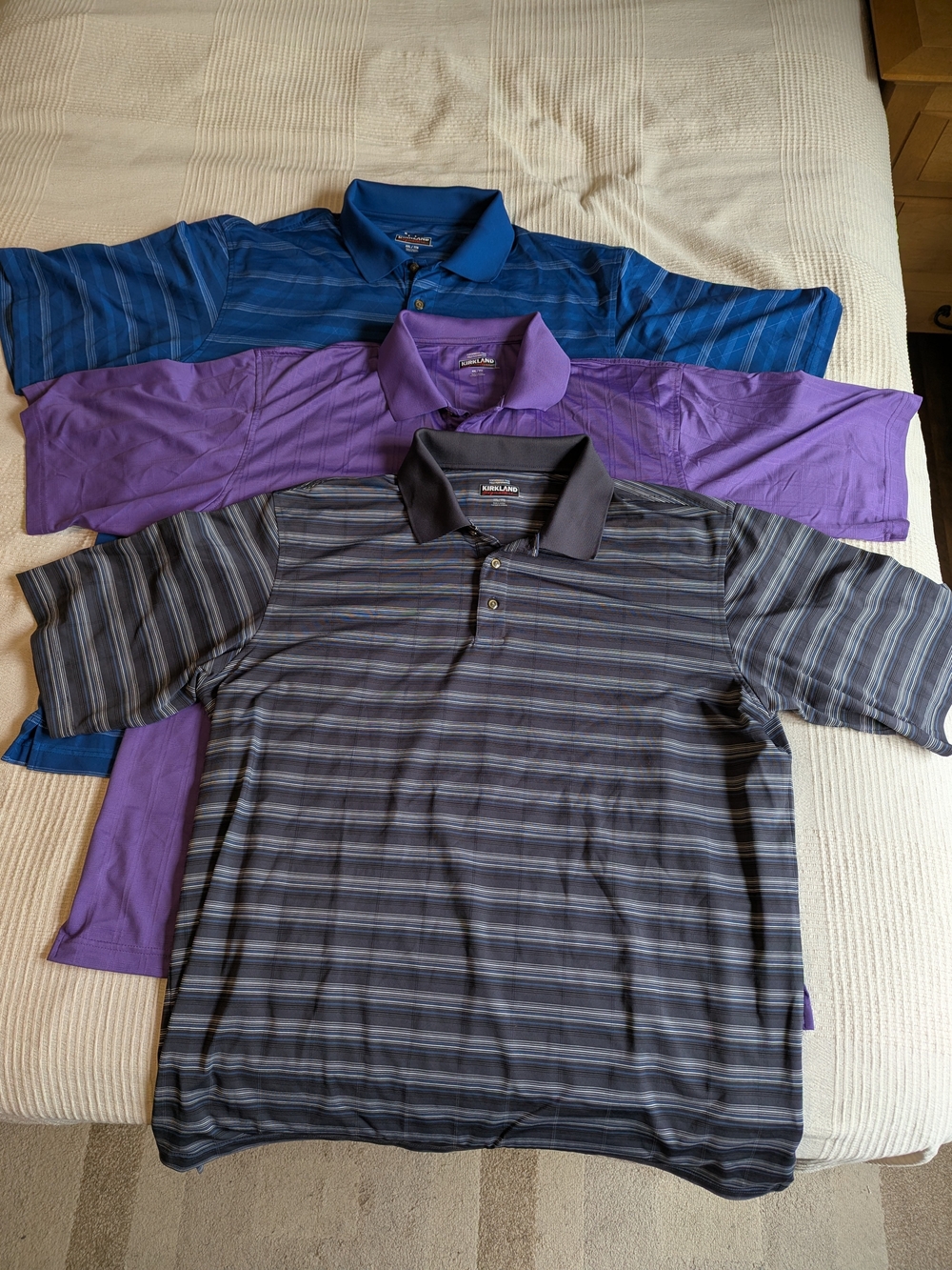 Kirkland Signature Men's Polo Bundle in Blue, Purple, and Black Stripes